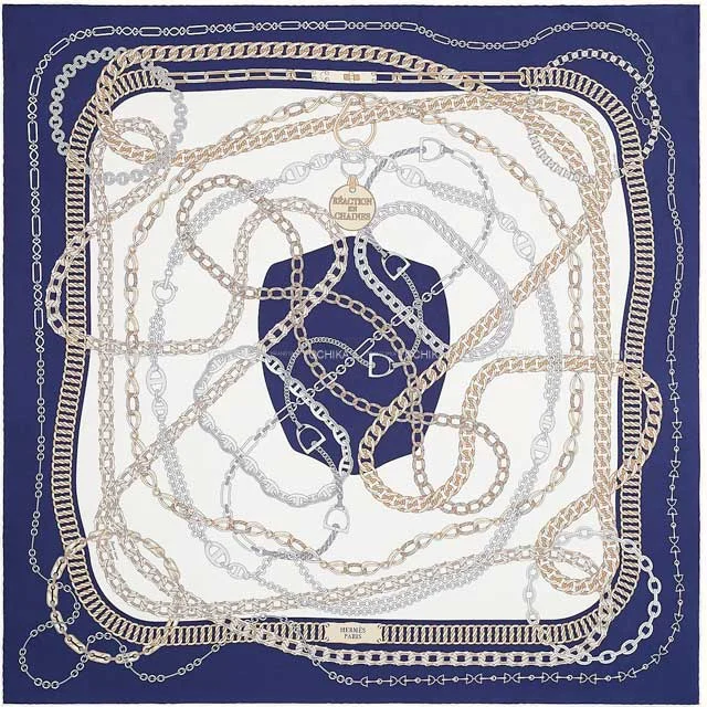 2021SS HERMES scarf Carre 90 Reaction En Chaire White/Marine Silk100%