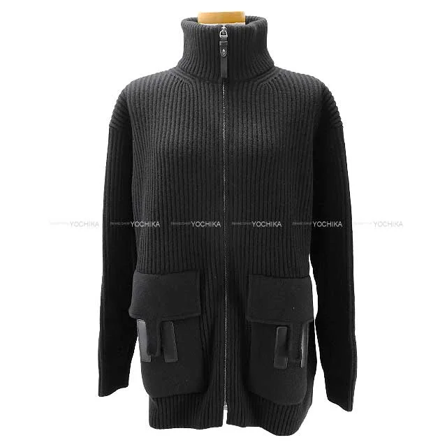 HERMES Knit Ladies Blouson H logo pocket over knit zip up Noir (Black) Wool/Lambskin 36 Silver