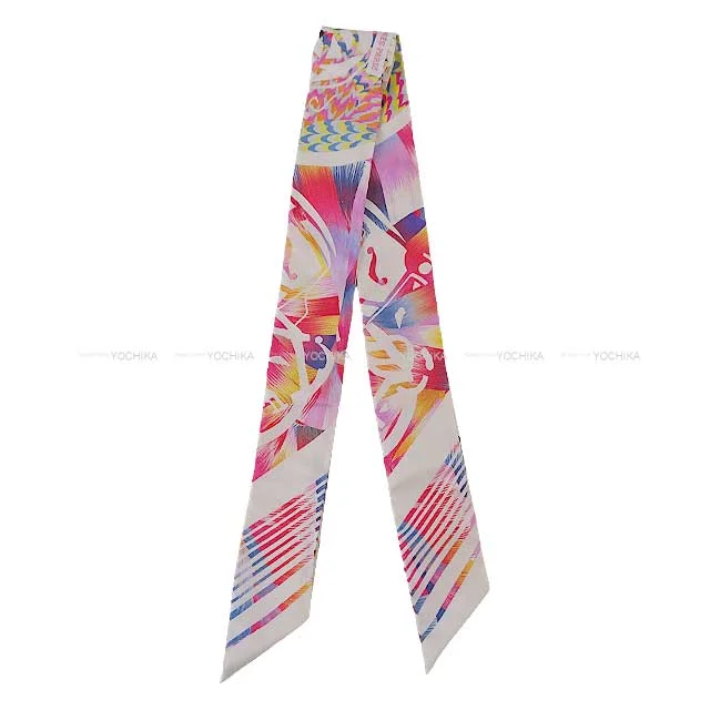 HERMES scarf Twilly Kyoto Marble Ex-Libris Rose/Blanc (White)/Blue Silk100%