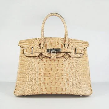 Hermes Birkin 35cm Crocodile Head Veins Handbags Earth Yellow Silver