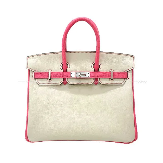 HERMES Handbag Birkin25 Personal order with initials engraved Craie/Rose Azalee Veau Epsom Mat Silver HW Stamp