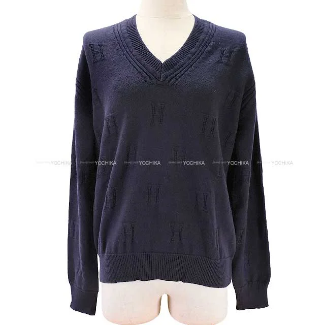 2019AW HERMES Knit Ladies With Voyage H pattern knit H logo with porch Navy Wool 36