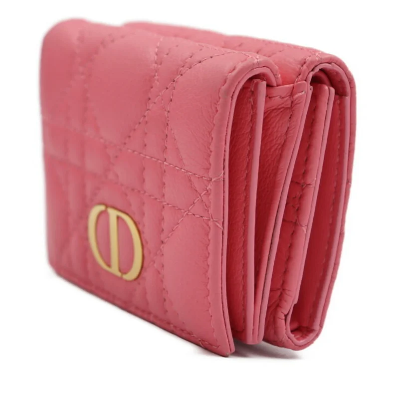 CHRISTIAN DIOR Caro Canage Trifold Wallet S5030UWHC Lambskin Yarrow Pink W Hook Japan Limited Color CD Logo