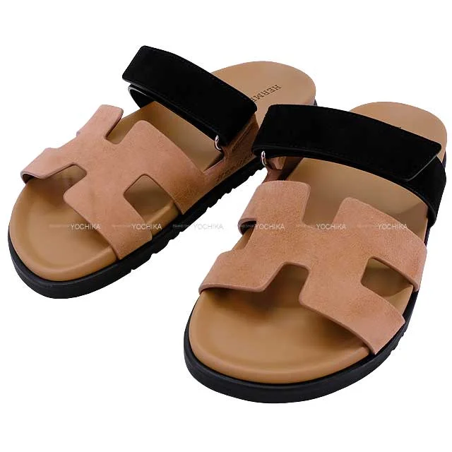 HERMES sandals Ladies Chypre Rose Perle/Black Calf/Chevre 38 38