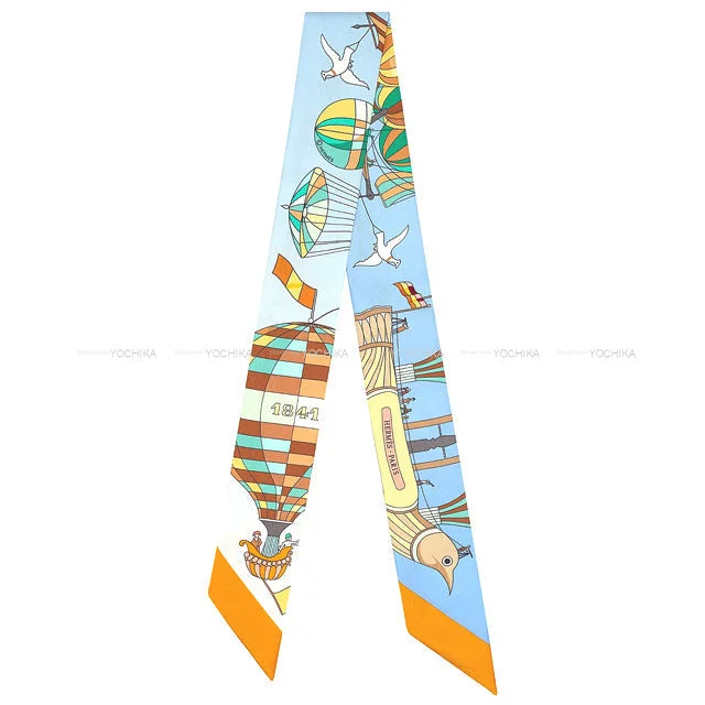 HERMES scarf Twilly Les Folies du Ciel Soleil Blue lavender/Vert  Silk100%