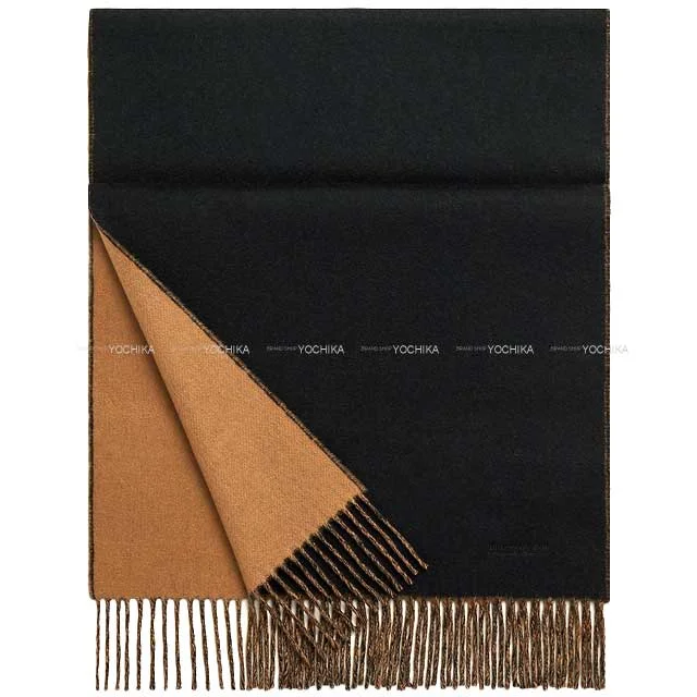 HERMES muffler Bi-color Recto-Verso Noir (Black) /Camel Cashmere100%