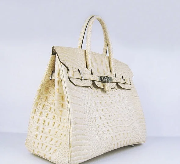 Hermes Birkin 35cm Crocodile Head Veins Handbags Beige Silver