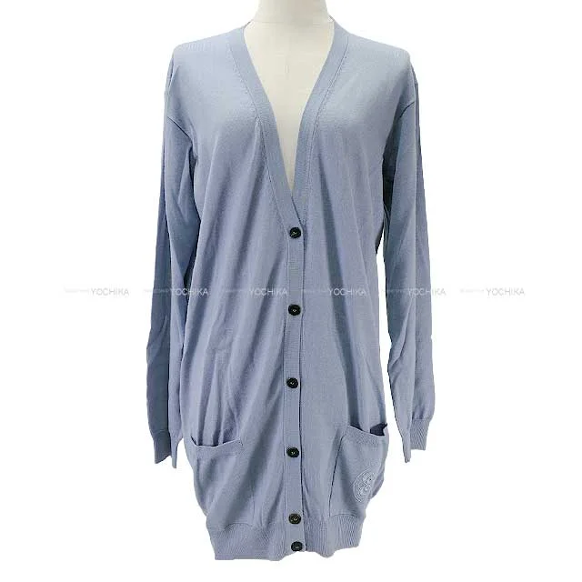 HERMES Cardigan Ladies Long Vneck Embroidery Bleugray Cashmere50% / Silk50% 38