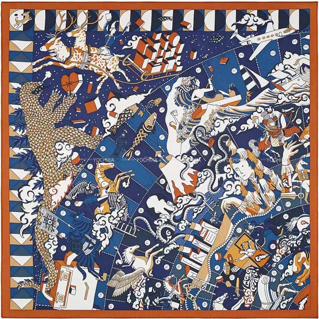 2021 AW HERMES scarf Carre 70 L'Epopee d'Hermes Caramel/Marine/Blanc (White) Silk100%