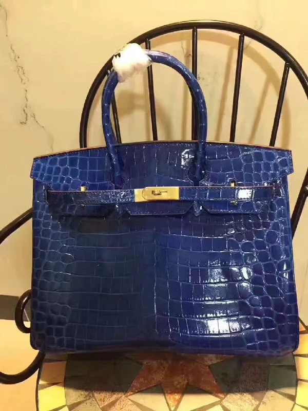 Hermes Birkin 35cm Crocodile Leather Handbag Blue Gold