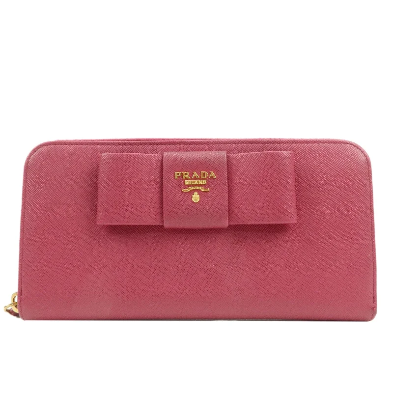 PRADA Logo Saffiano Leather Round Zipper Long Wallet Pink 1M0506