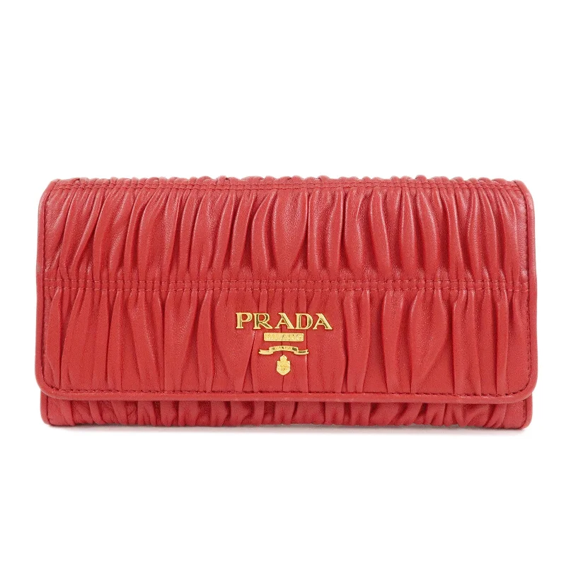 PRADA Logo Leather Bi-Fold Long Wallet Red Gold Hardware