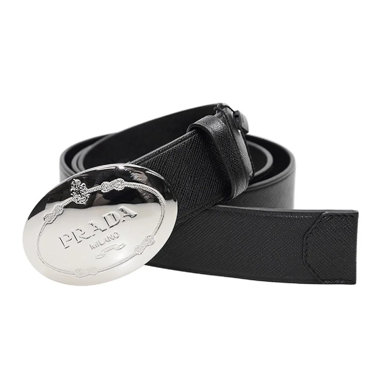 Prada Black Saffiano Leather Engraved Oval Plaque Buckle Size: 110/44 Belt 2CM046