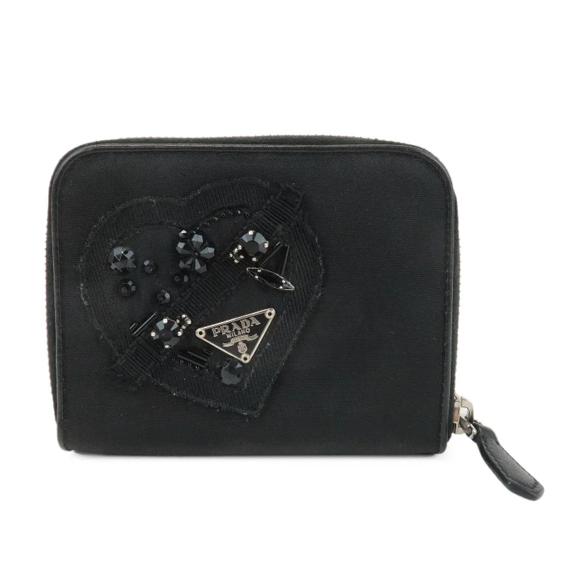 PRADA Logo Leather Round Zip Wallet Bijou Black