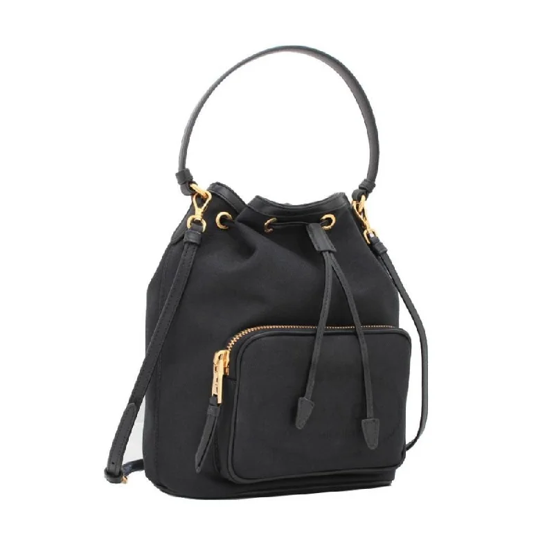 Prada Black Canvas Jacquard Logo Convertible Small Bucket Bag 1BH038