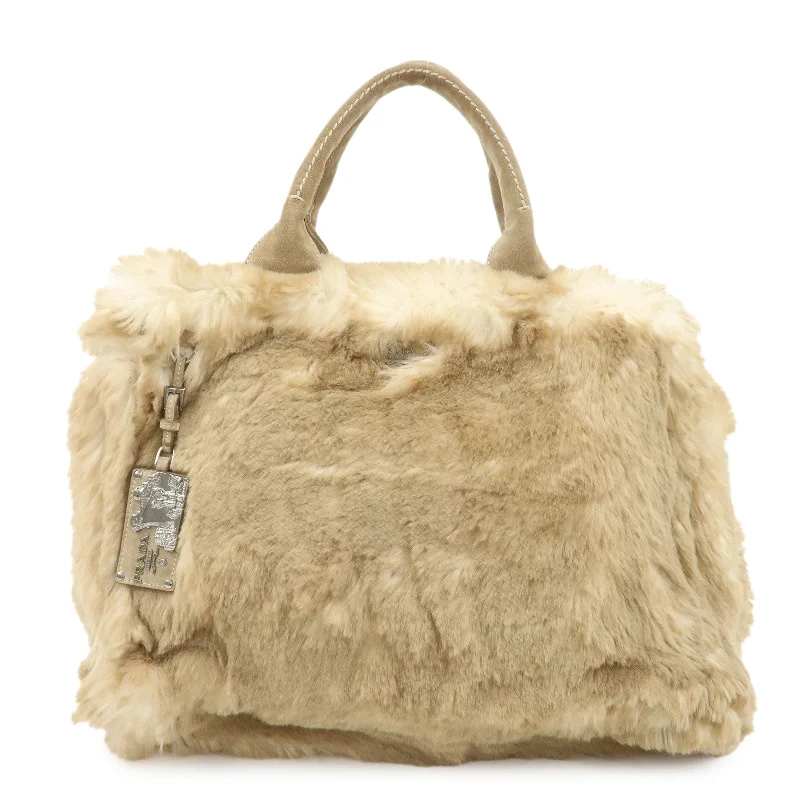 PRADA Eco Lapin Fur Suede Canapa Large Tote Bag Beige BN1918