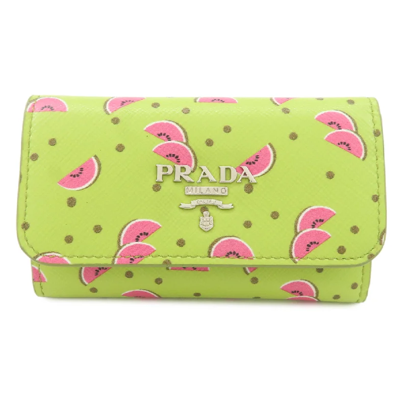 PRADA Leather 6 Key Case Key Holder Watermelon Print Green 1PG222