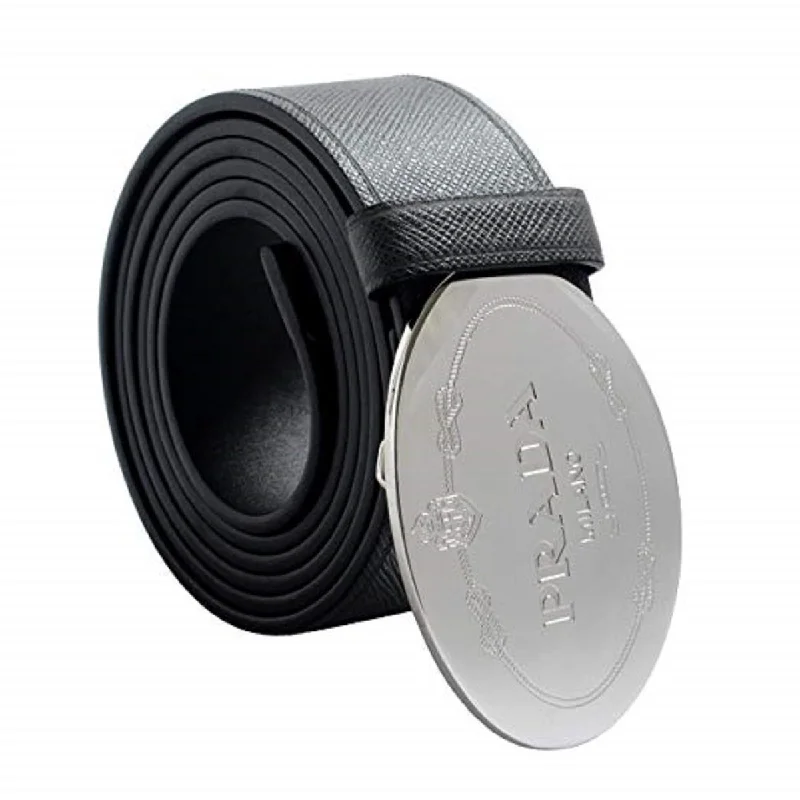 Prada Grey Saffiano Leather Engraved Oval Plaque Buckle Size: 105/42 Belt 2CM046