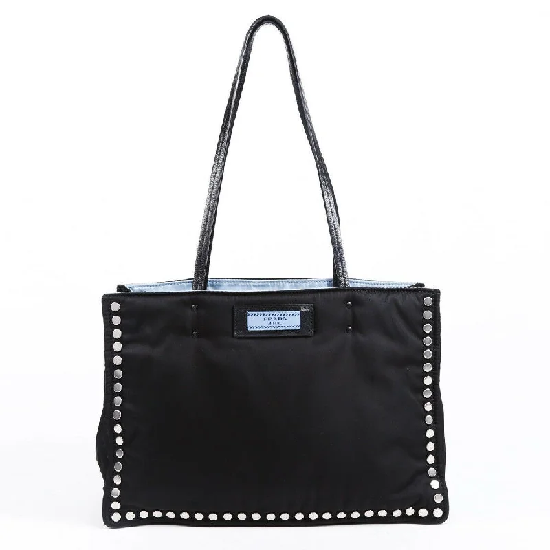 Prada Bag Etiquette Medium Black Blue Studded Nylon Tote