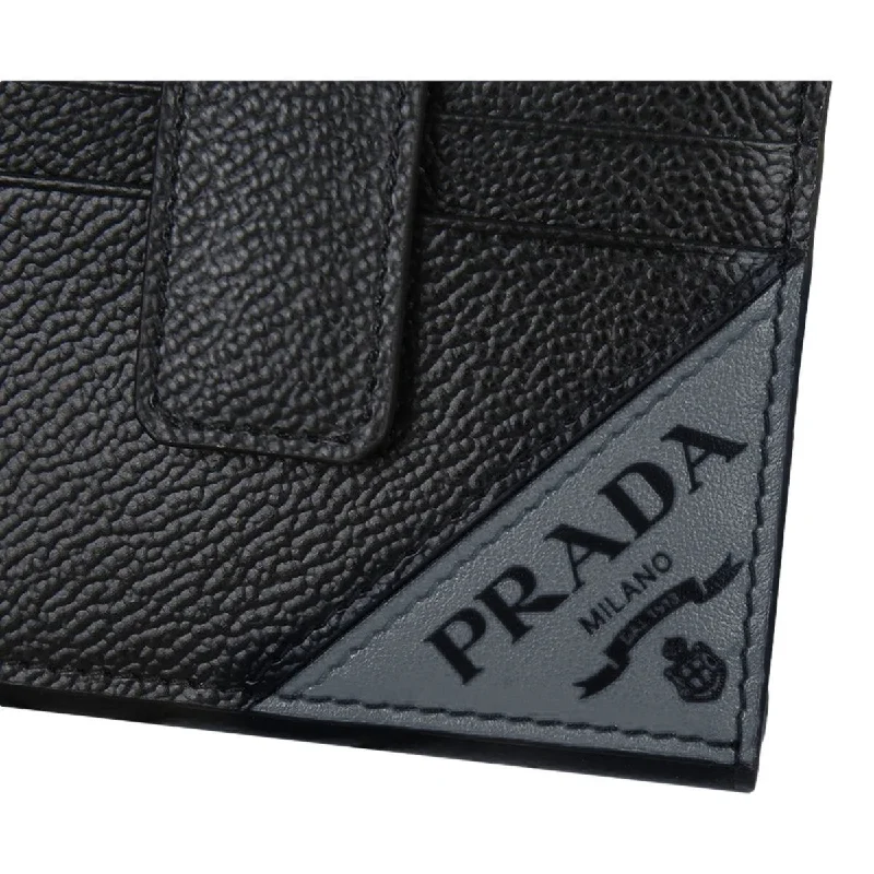 Prada Black Grey Vitello Grain Leather Card Case Bifold Wallet 2MC049