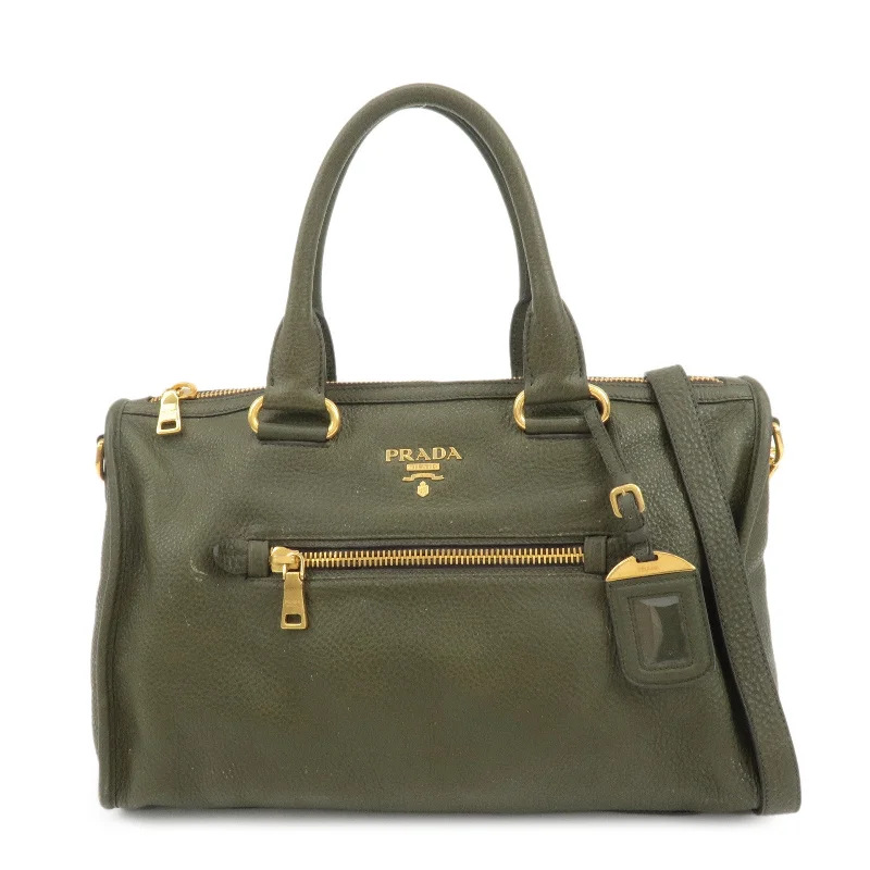 PRADA Leather 2Way Bag Hand Bag Shoulder Bag Khaki BL0805