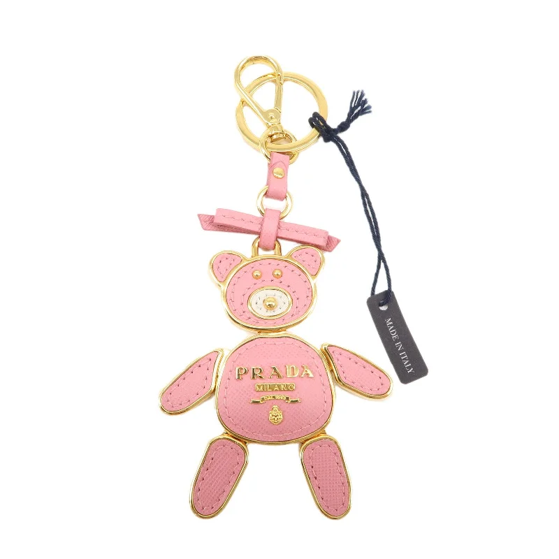 PRADA Saffiano Leather Metal Bear Bag Charm Key Chain Pink