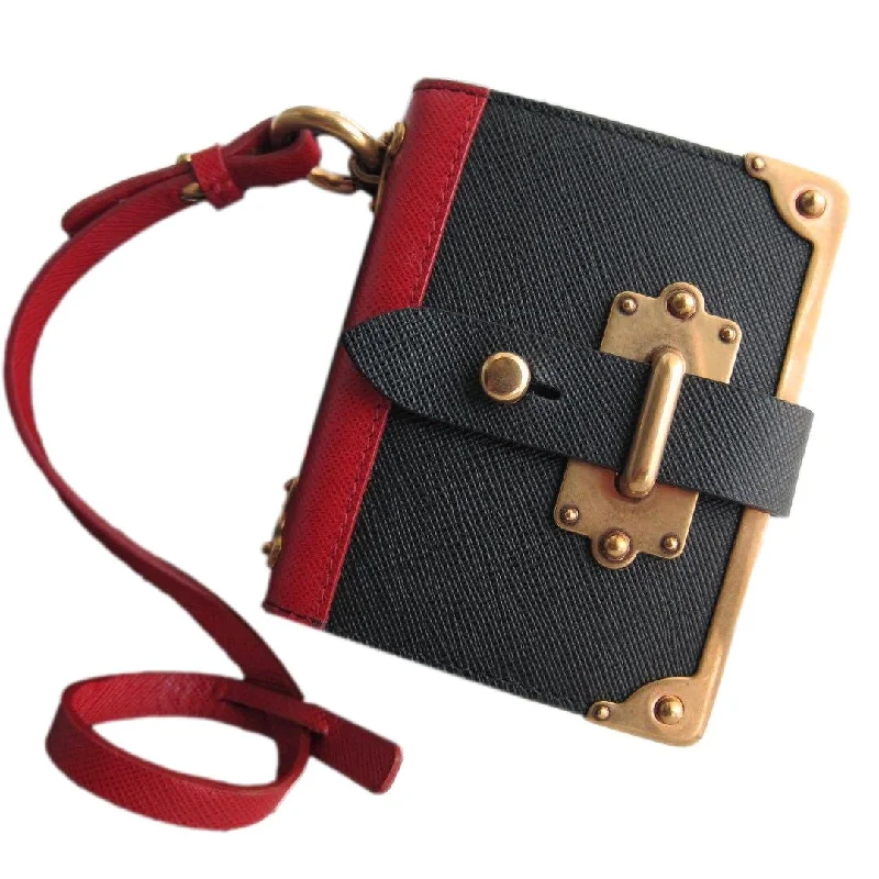 Prada Cahier Black Red Saffiano Leather Notebook Bag Charm 1TL043