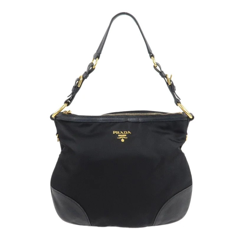 PRADA Nylon Leather Shoulder Bag Black Gold Hardware