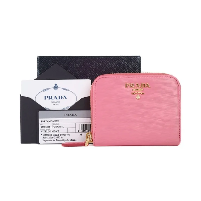 Prada Geranio Pink Vitello Move Leather Gold Zip Coin Wallet 1MM268