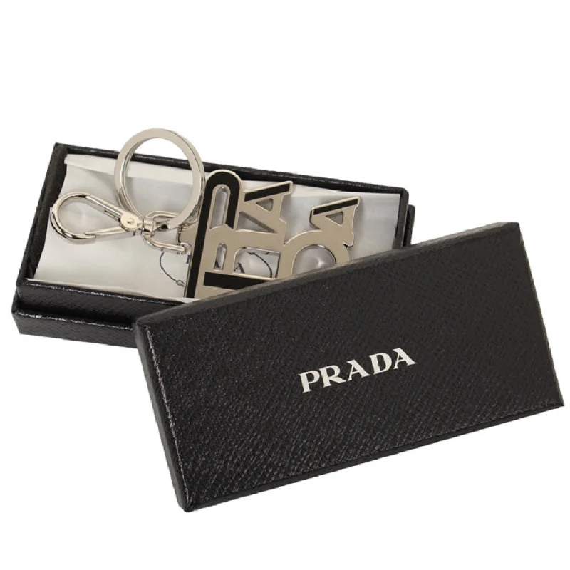 Prada Black Enamel Logo Silver Metallic Keychain Charm 2PS034